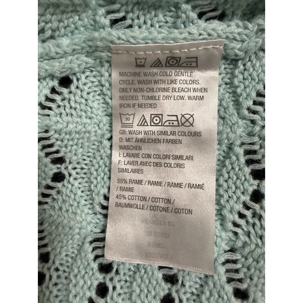 Isaac Mizrahi Aqua Crochet Knit Open Cardigan Sweater Sz L Cotton Blend Coastal